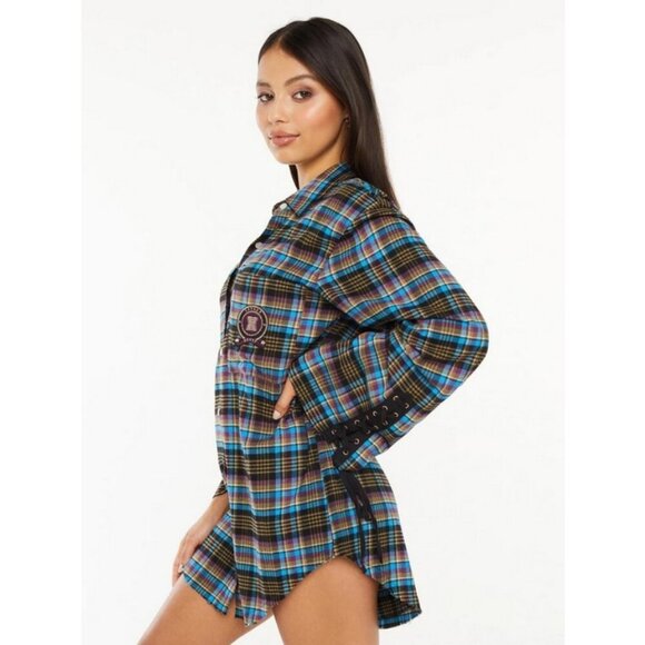 💕SAVAGE x FENTY💕 Tied-Up Tartan PJ Raw Hem Sleep Shirt Blue Plaid Small S NWT - Picture 7 of 16